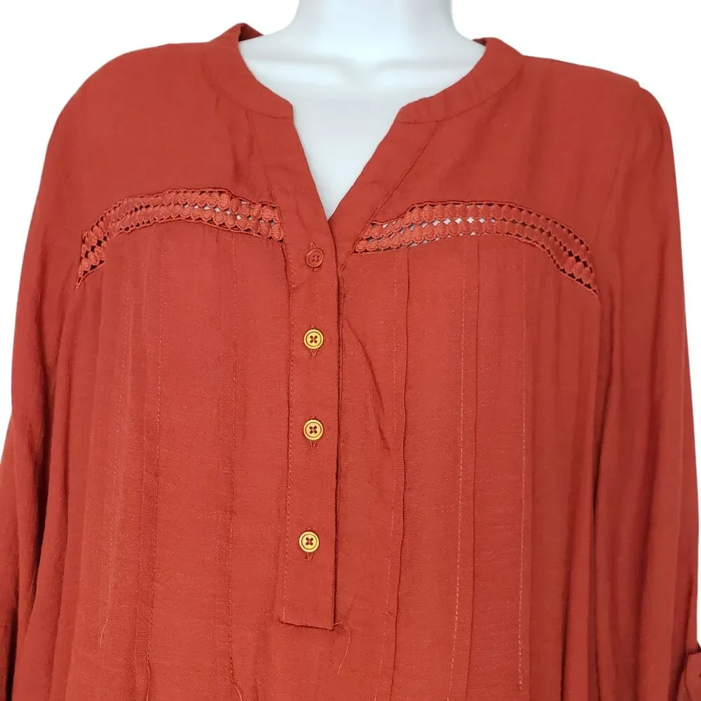 BYdesign Tunic Top Womens Large Orange Crochet Tab Sleeve Button Front Boho - Picture 4 of 13